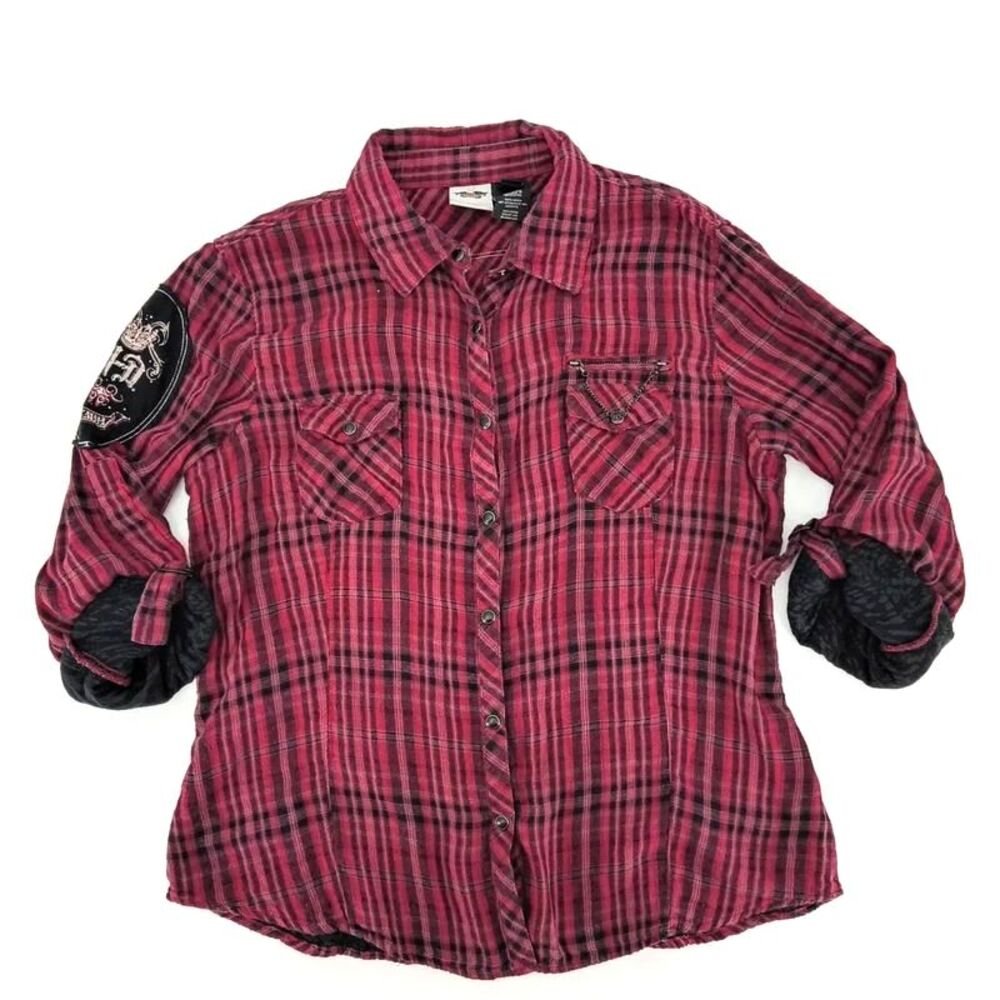 Harley-Davidson Red Black Plaid Double-Lined Button Up Biker Western XL